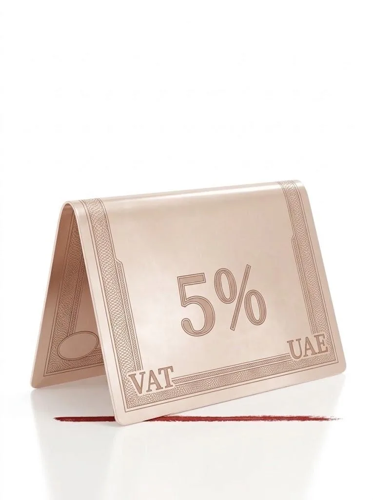 VAT in the UAE: a folded card engraved with VAT 5% UAE above a red brush line